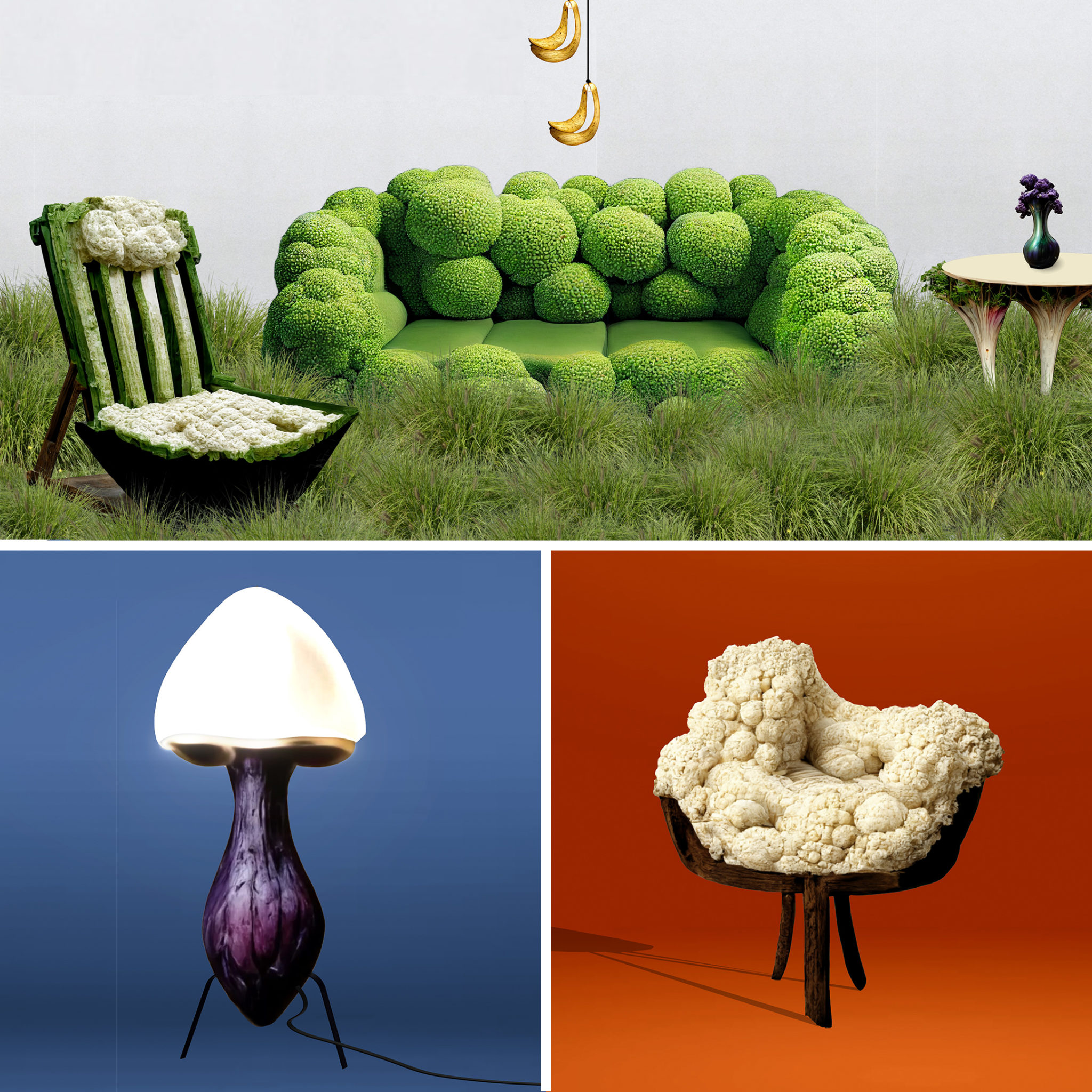 groupe 08 / mobilier et des lampes à base de légume et de fruits (toujours parfait avec des IA)