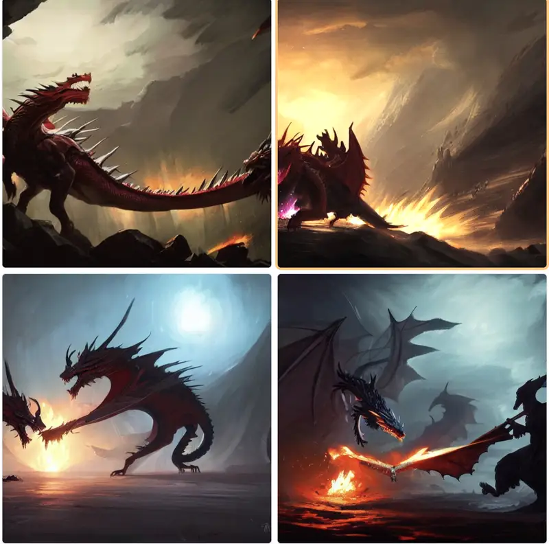 Images created when Insider typed &ldquo;Dragon battle with a man at night in the style of Greg Rutkowski&rdquo; into Stable Diffusion.